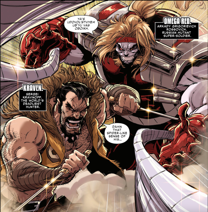 A man in animal skins poses with a man in red with bulky armor and tentacles.